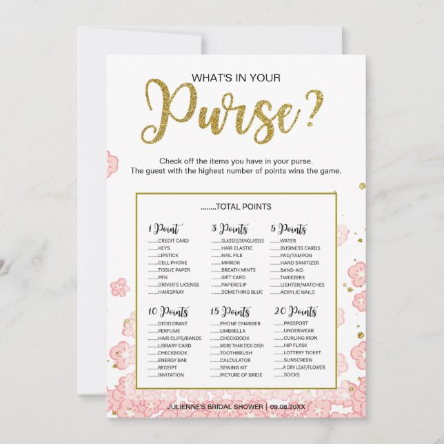What's In Your Purse Bridal Shower Game |Gold Pink (Front)