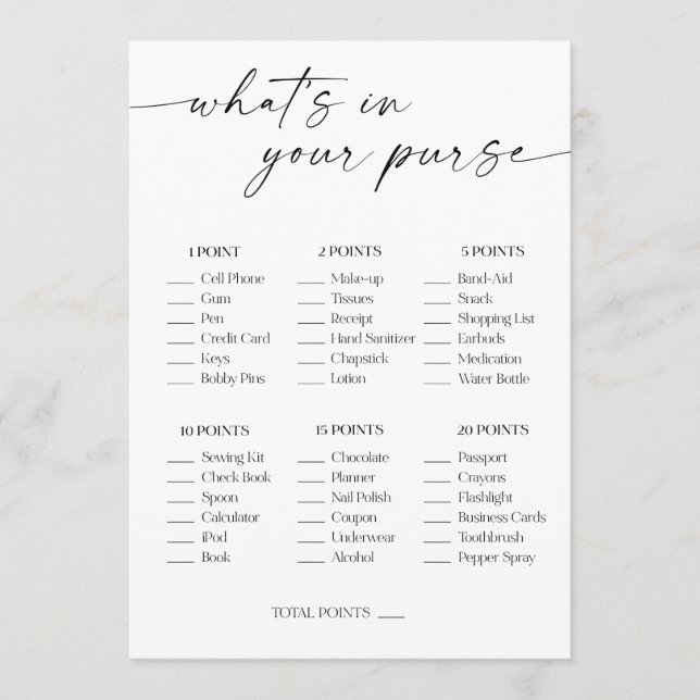 What's In Your Purse Bridal Shower Game Programme (Front)