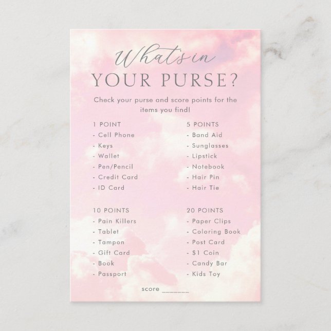 What's in Your Purse Cloud Nine Baby Shower Games Enclosure Card (Front)