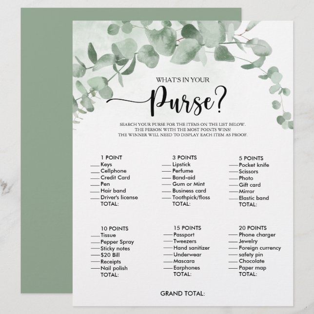 What's in your Purse Eucalyptus Bridal Shower Game (Front/Back)