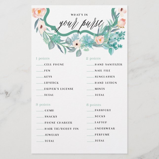 What's In Your Purse Floral Bridal Shower Game (Front)
