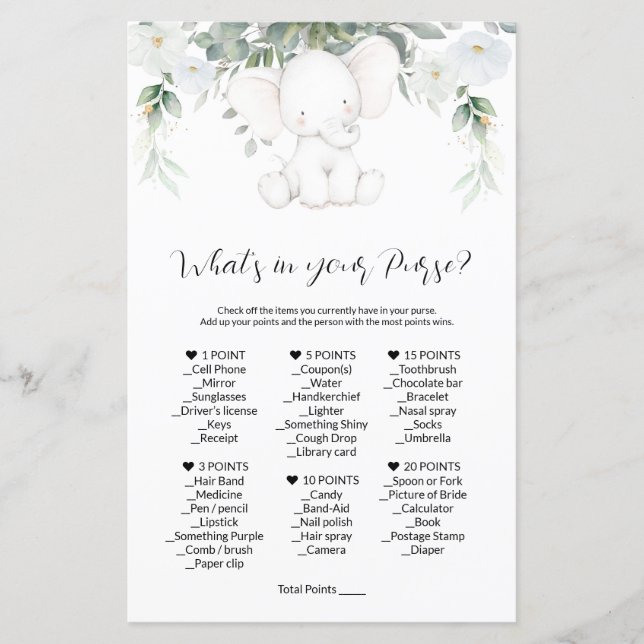 What's In Your Purse Game Baby Shower Games (Front)