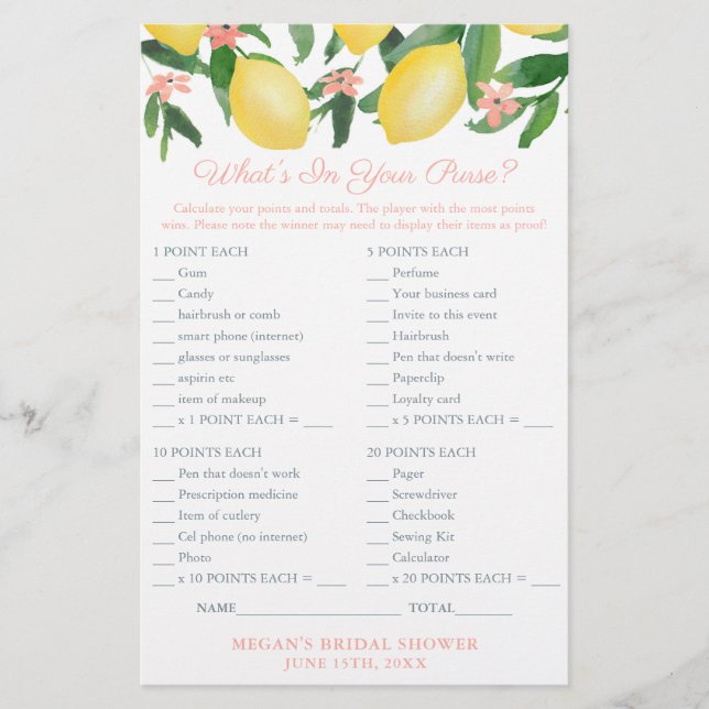 What's In Your  Purse Game Card For Lemons Shower (Front)
