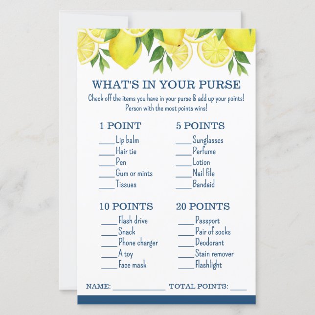 What's in Your Purse Lemon Bridal Shower Game (Front)