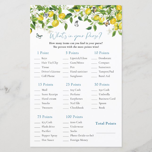 What's In Your Purse | Lemon Bridal Shower Game (Front)