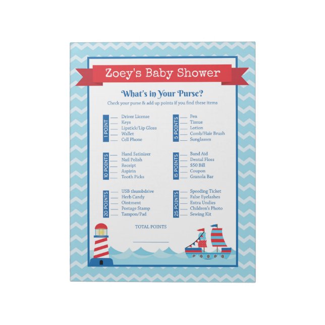 What's In Your Purse Nautical Theme Baby Shower Notepad (Rotated)