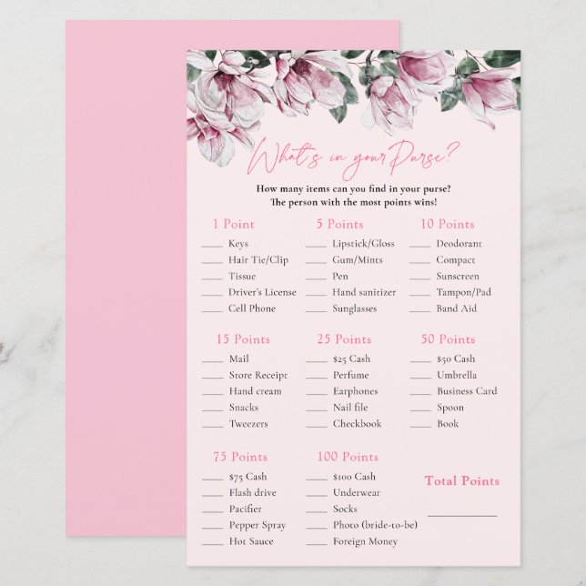 What's In Your Purse | Pink Floral Bridal Shower (Front/Back)