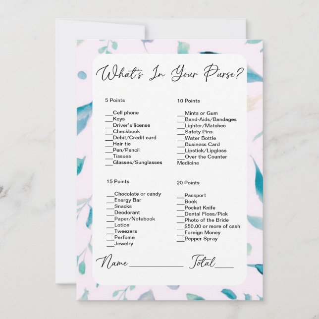 What's In Your Purse Pink Greenery Bridal Shower Invitation (Front)