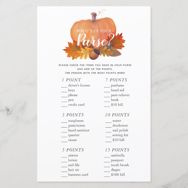 What's in Your Purse Pumpkin Baby Shower Game (Front)