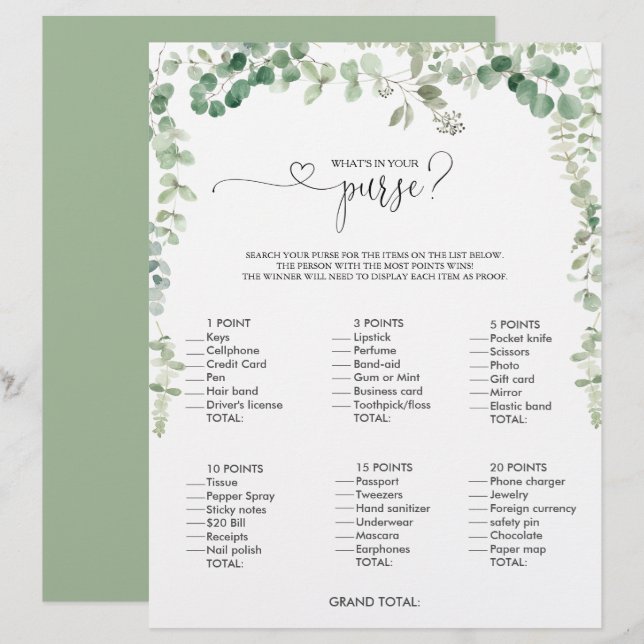 What's in your Purse Script Bridal Shower Game (Front/Back)
