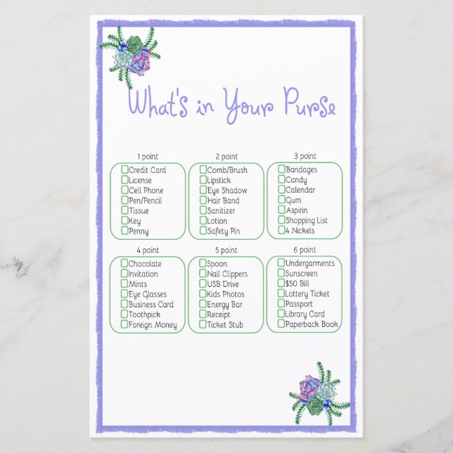 What's In Your Purse Succulent Bridal Shower Game (Front)