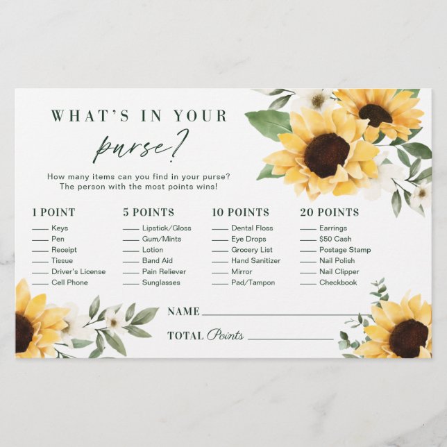 What's in Your Purse? Sunflower Bridal Shower Game (Front)