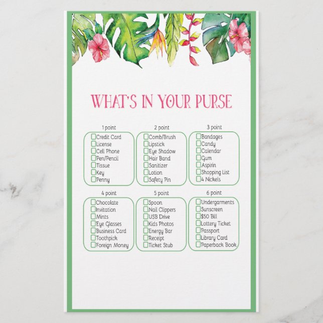 What's in Your Purse Tropical Bridal Shower Stationery (Front)