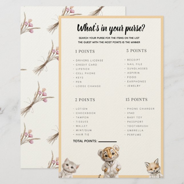 Whats in your purse? Whimsical Pajama Animals Stationery (Front/Back)