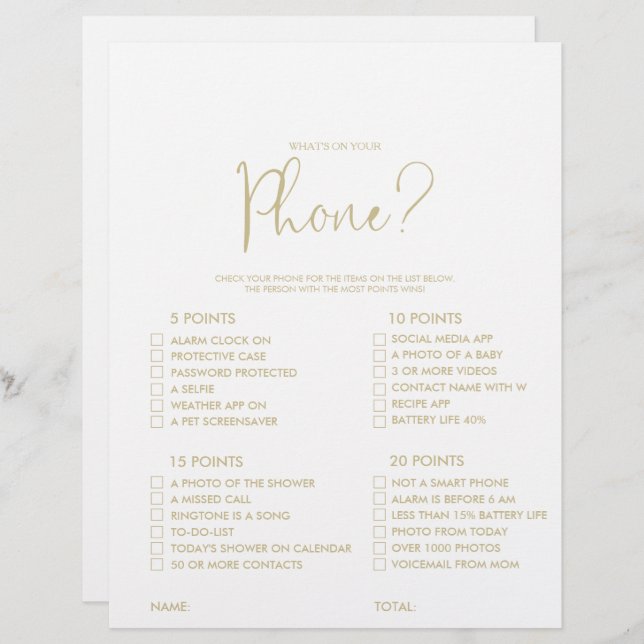 What's on your Gold Phone Bridal Shower Game (Front/Back)