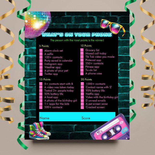  What's on your phone 90s Neon Disco Birthday Game (Creator Uploaded)