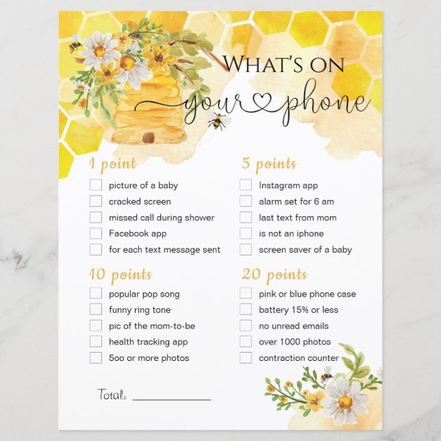 What's On Your Phone Bee Themed Baby Shower Game (Front)