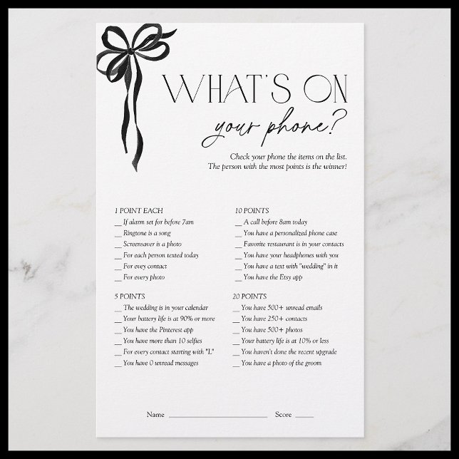 What's On Your Phone Black Bow Bridal Shower Game (Creator Uploaded)