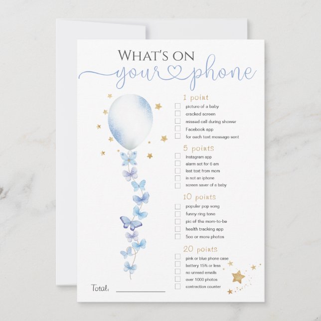 What's on Your Phone Blue Balloon Baby Shower Game Invitation (Front)