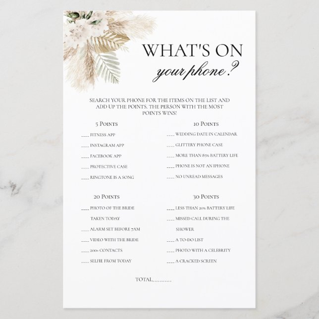 What's on your phone boho bridal shower game (Front)