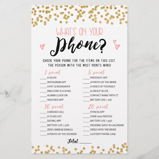 What's on your phone Bridal Shower, Hen Party game (Front)