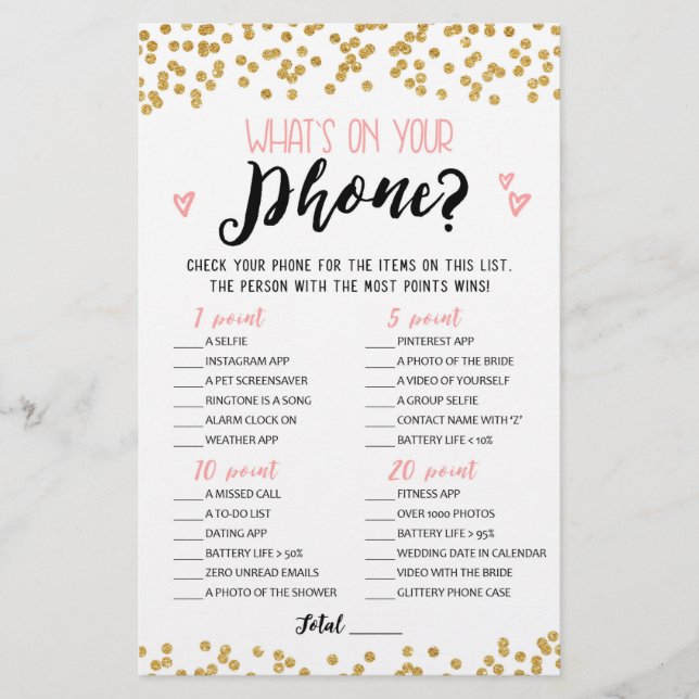 What's on your phone Bridal Shower, Hen Party game (Front)