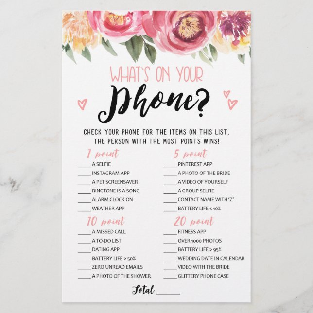 What's on your phone Bridal Shower, Hen Party game (Front)