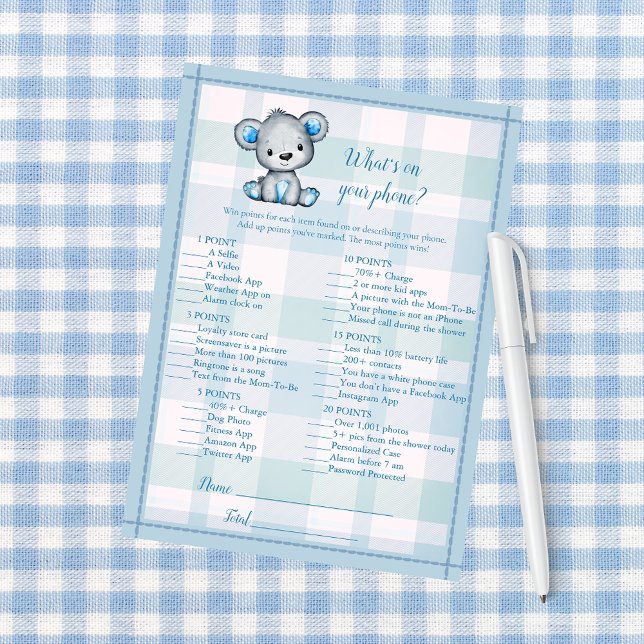Whats On Your Phone Cute Grey Bear Boy Shower Game Invitation (Creator Uploaded)