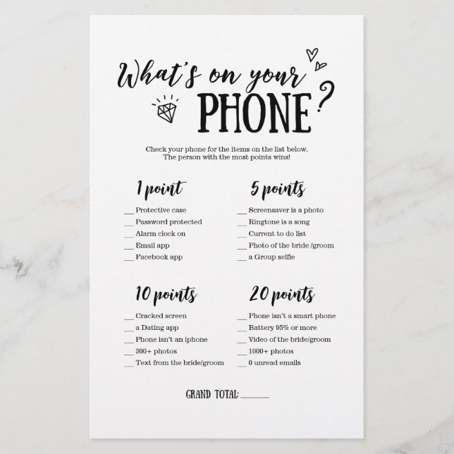 What's On Your Phone Game for Bridal Shower (Front)