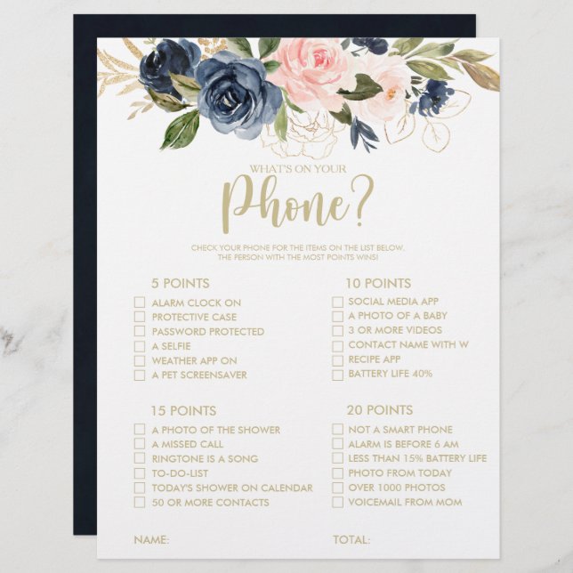 What's on your Phone Gold Bridal Shower Game (Front/Back)