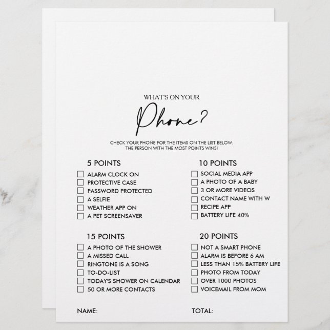 What's on your Phone Modern Bridal Shower Game (Front/Back)
