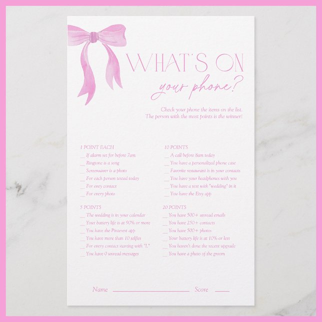 What's On Your Phone Pink Bow Bridal Shower Game (Creator Uploaded)