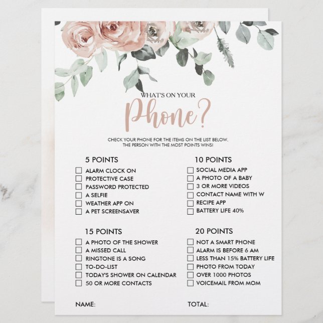 What's on your Phone Pink Rose Bridal Shower Game (Front/Back)