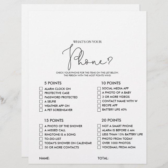 What's on your Phone Rustic Bridal Shower Game (Front/Back)