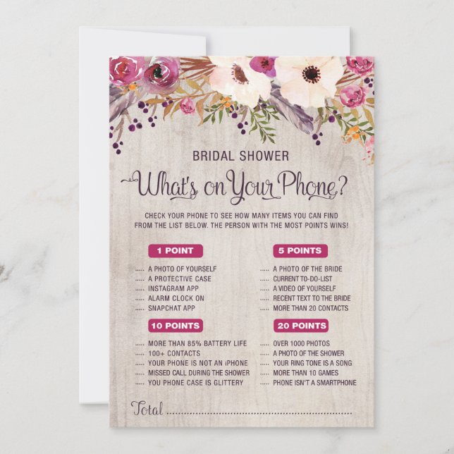 What's on Your Phone Rustic Bridal Shower Game Invitation (Front)