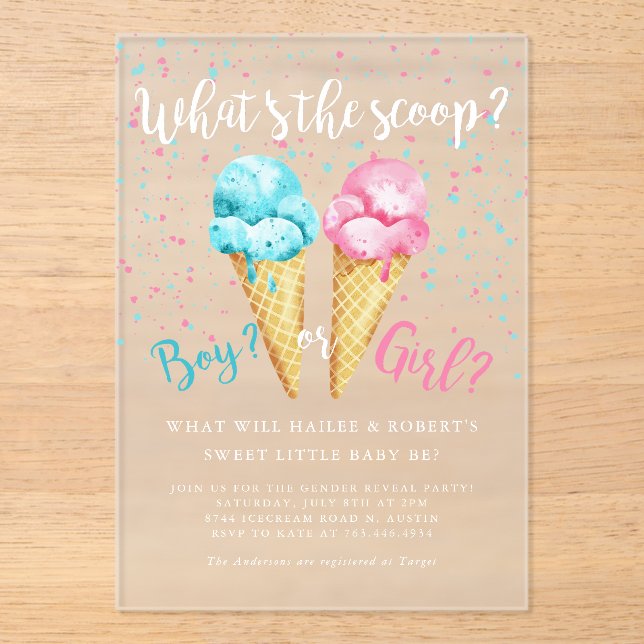 Whats The Scoop Ice Cream Gender Reveal Party Acrylic Invitations (Front)