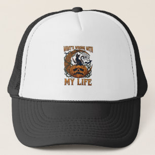 Whats Wrong Life Halloween Black Cat Pumpkin Knife Trucker Hat