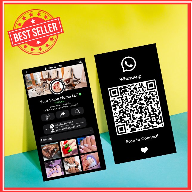 WhatsApp Black Nail Salon Social Media QR Business Card (Creator Uploaded)