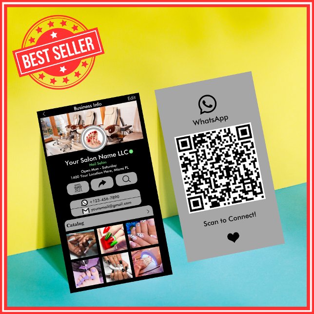 WhatsApp Nail Salon Grey Social Media QR Code Business Card (Creator Uploaded)