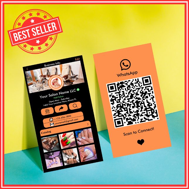 WhatsApp Nail Salon Orange  Social Media QR Code Business Card (Creator Uploaded)