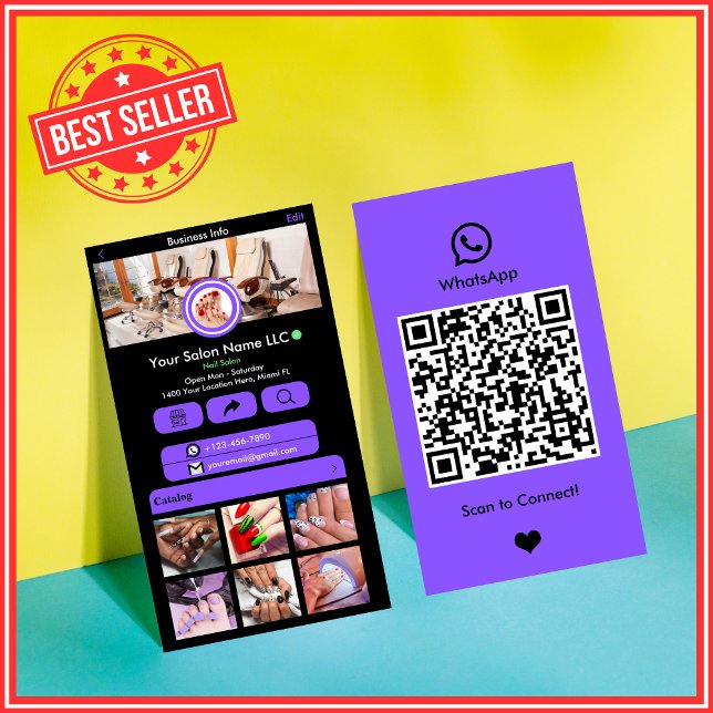 WhatsApp Nail Salon Purple |  Social Media QR Code Business Card (Creator Uploaded)