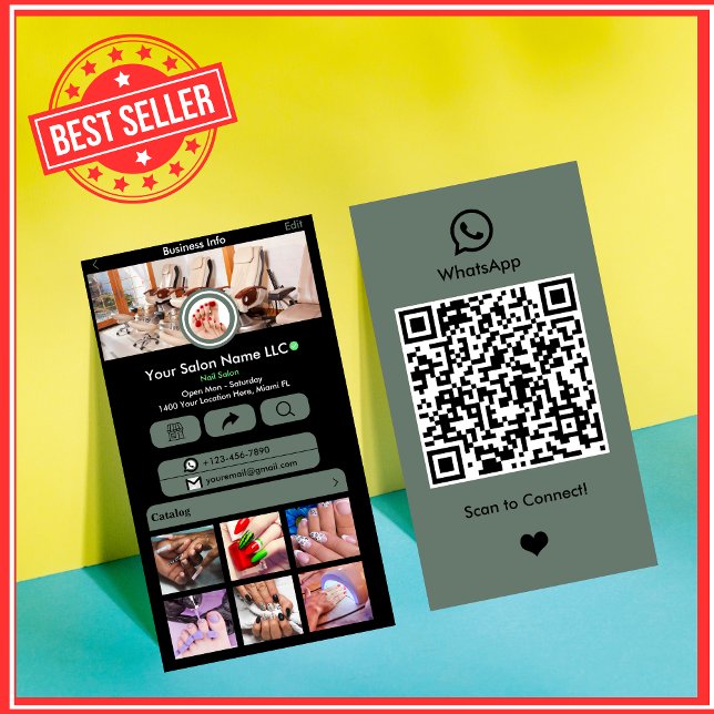 WhatsApp Nail Salon Sage Green Social Media QR Business Card (Creator Uploaded)