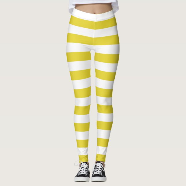 Wheat and white colour horizontal striped leggings (Front)