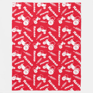 Wheat farm stylised tractor graphic name red white fleece blanket