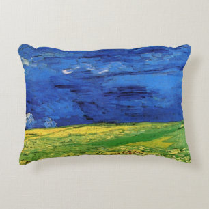 Wheat Field Under Clouded Sky by Vincent van Gogh Decorative Cushion