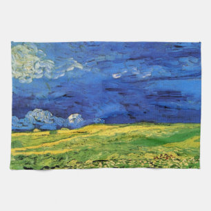 Wheat Field Under Clouded Sky by Vincent van Gogh Tea Towel