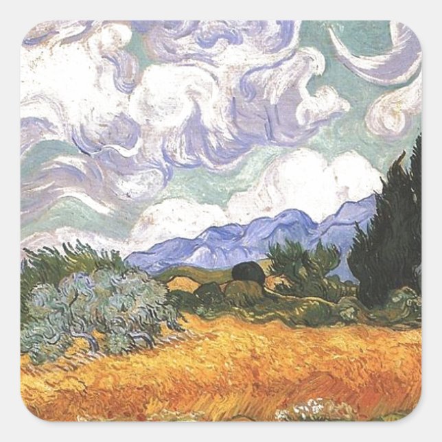 Wheat Field with Cypress by Van Gogh. Square Sticker (Front)