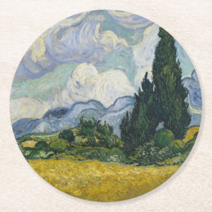 Wheat Field with Cypresses, Oil Painting, Van Gogh Round Paper Coaster