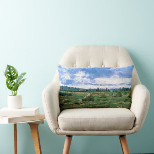 Wheat Fields with Haystacks by Vincent van Gogh Lumbar Cushion