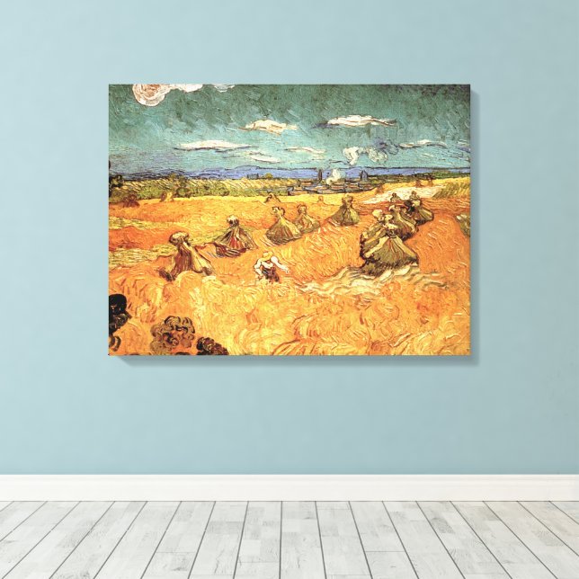 Wheat Stacks with Reaper by Vincent van Gogh Canvas Print (Insitu(Wood Floor))